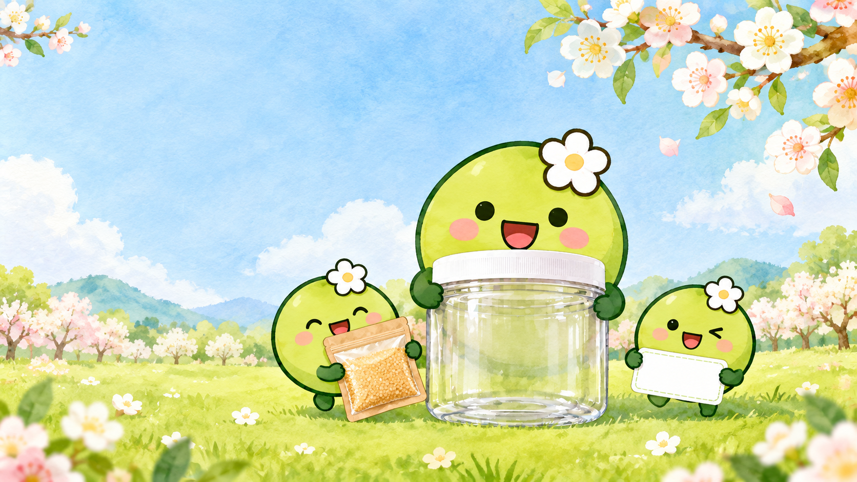 매실이와 친구들이 매실 병을 안고 웃는 그림